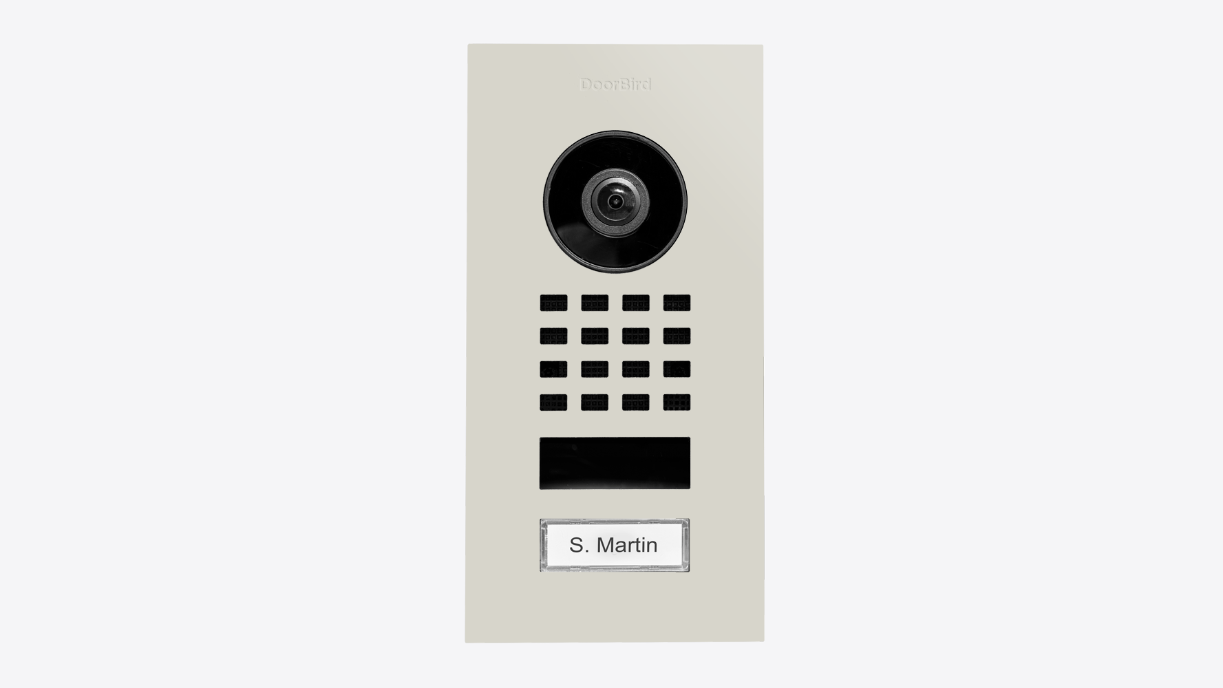 Grey flush-mount video intercom with camera, keypad grid, and name label