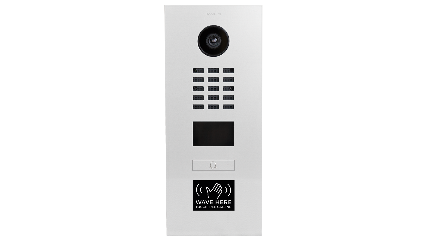 DoorBird flush-mount video door station with camera, keypad, and call button on white panel