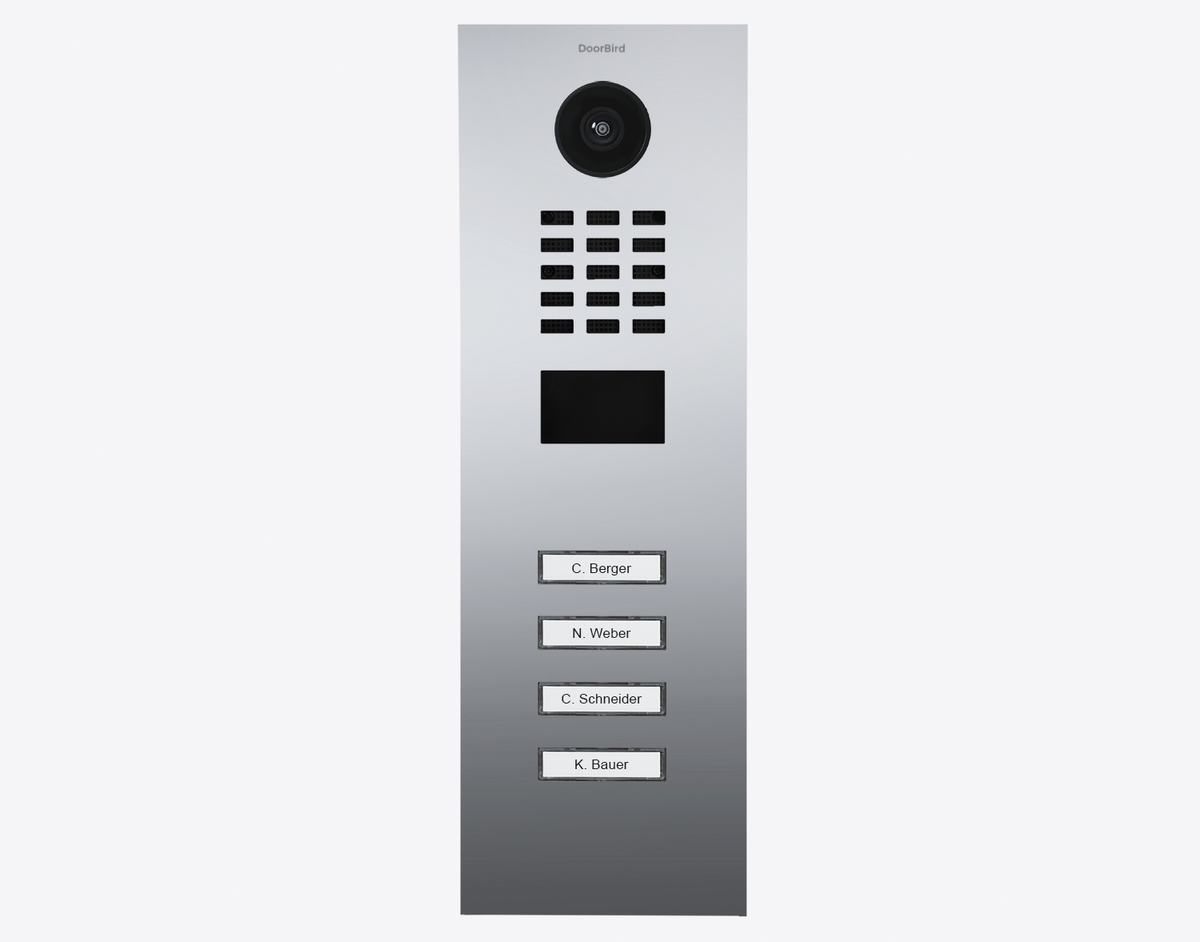 DoorBird IP video door station front panel with camera lens, keypad, and 4 name buttons