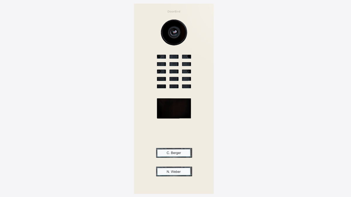 DoorBird video door station, pure white panel with camera and two call buttons