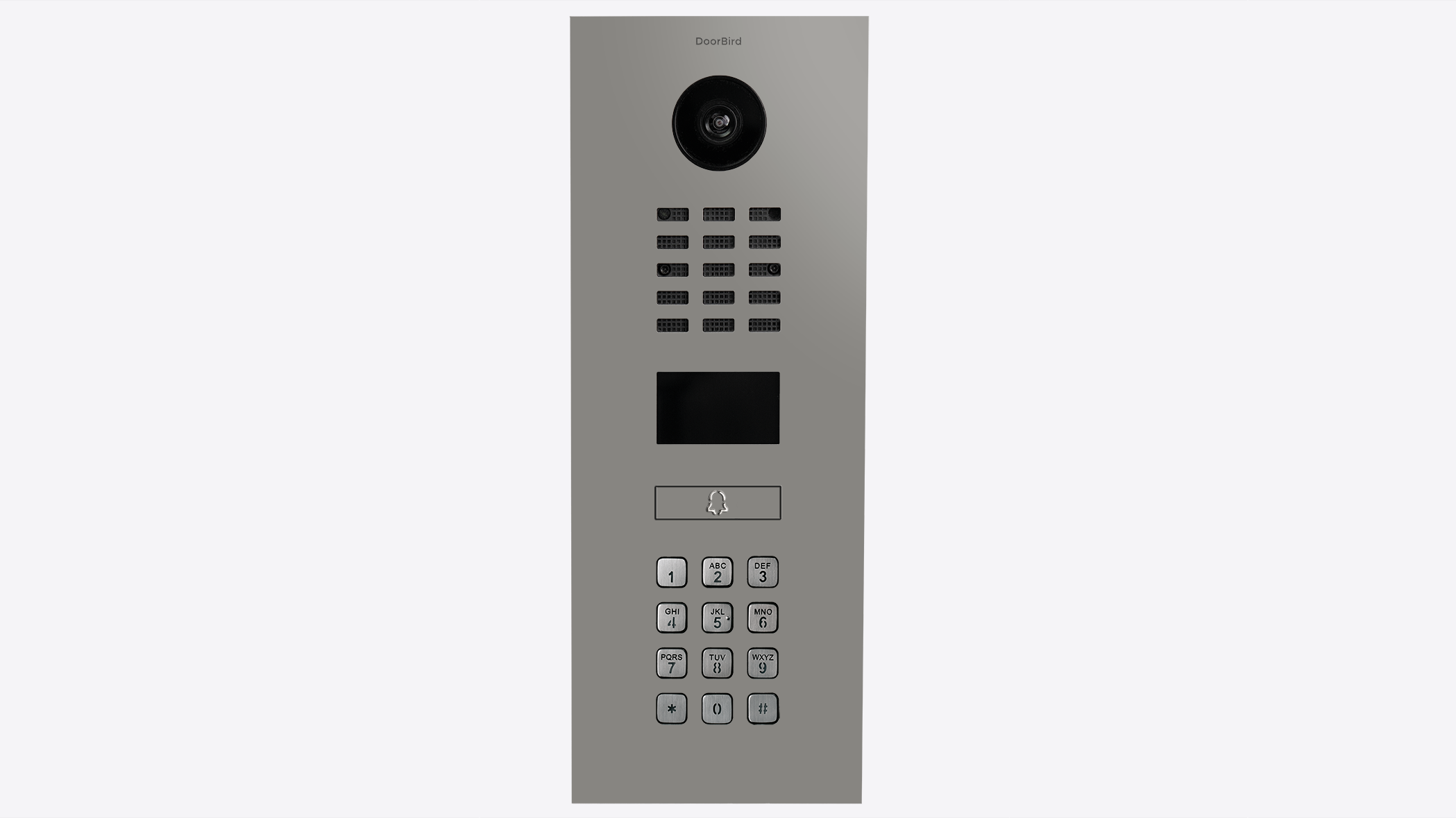 DoorBird IP video intercom panel close-up with camera, grille, and keypad