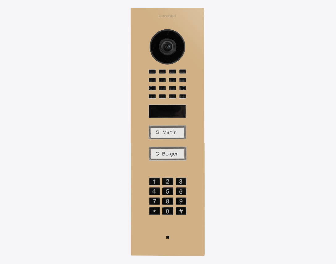 Beige flush-mount video door station with camera lens, keypad, and two call buttons