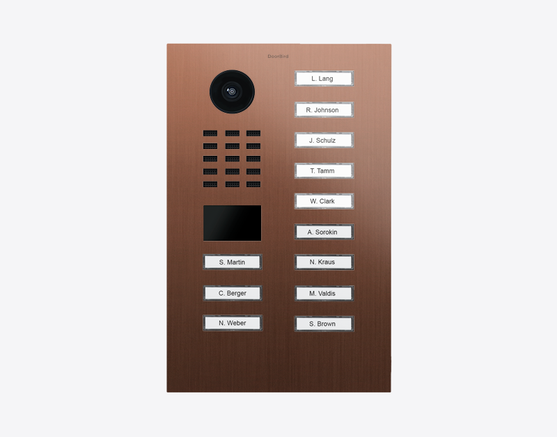 Bronze IP video door station with circular camera and 12 name call buttons