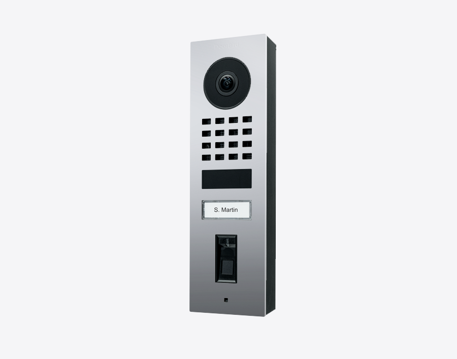 DoorBird chrome surface-mount IP video door station with camera, keypad, and call button