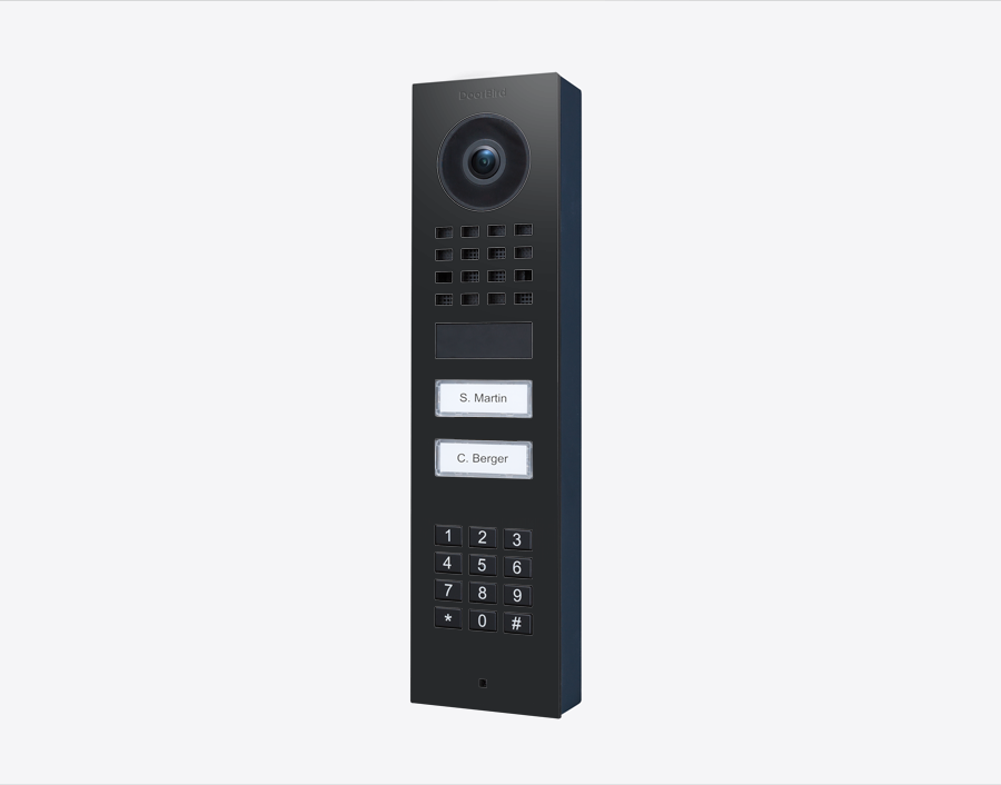 Graphite black video door station with built-in camera, keypad, and two call buttons