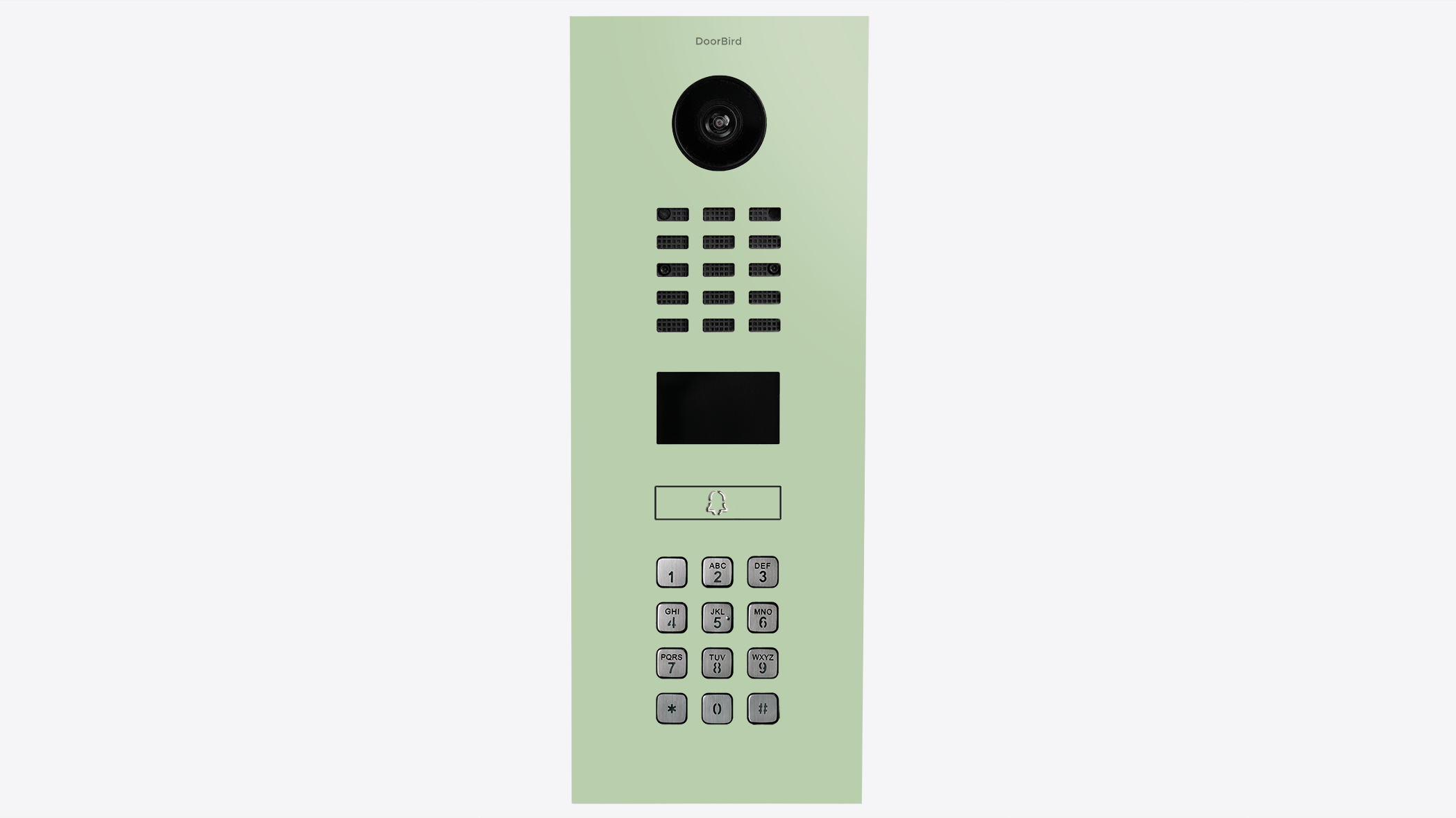 Pastel green video door intercom with camera lens, speaker grille, and keypad