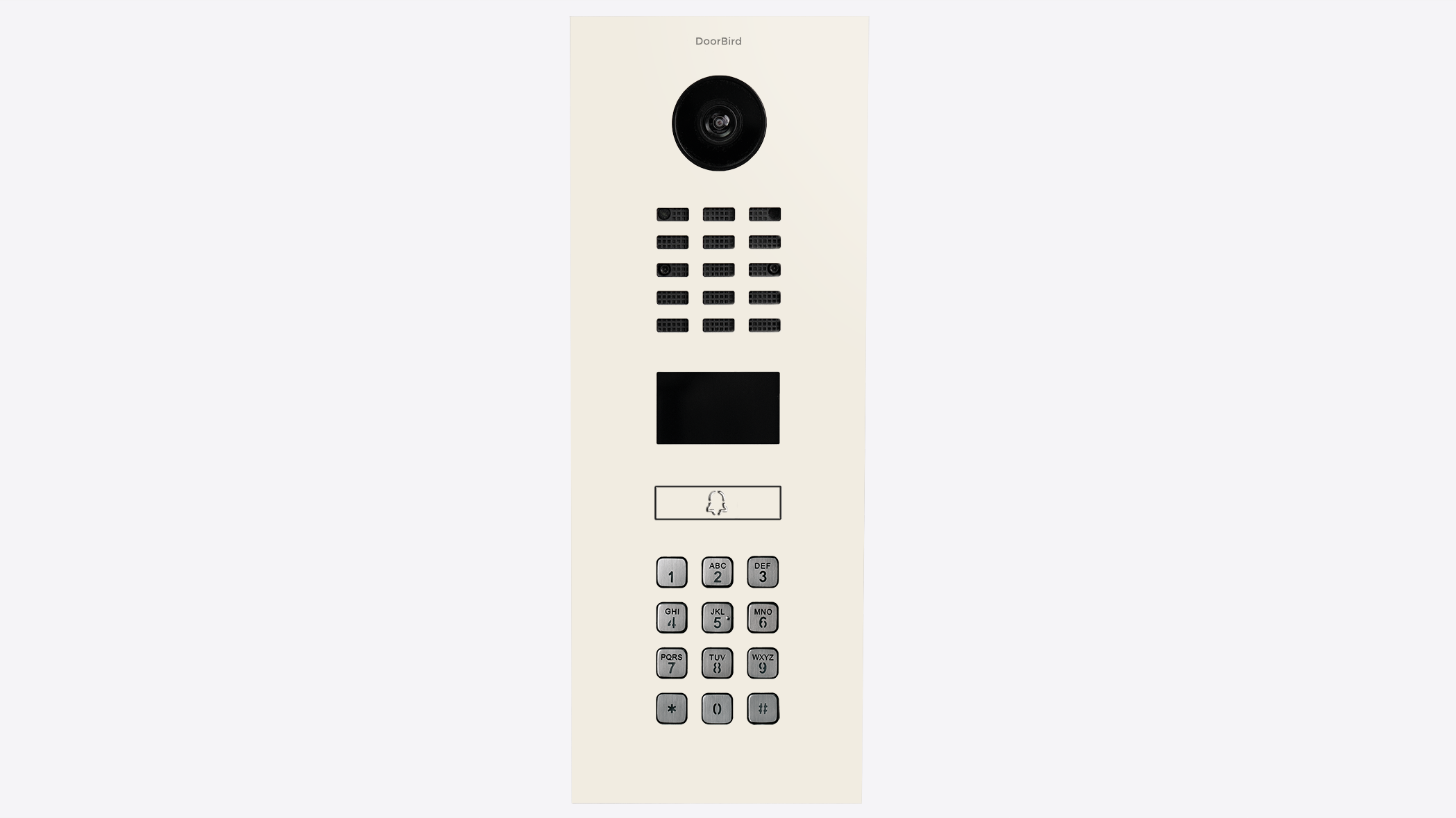 DoorBird D2101KV call button and keypad video intercom close-up with camera lens