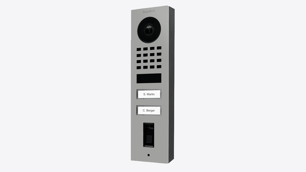 DoorBird video door station with camera lens, keypad grid, and name plate buttons