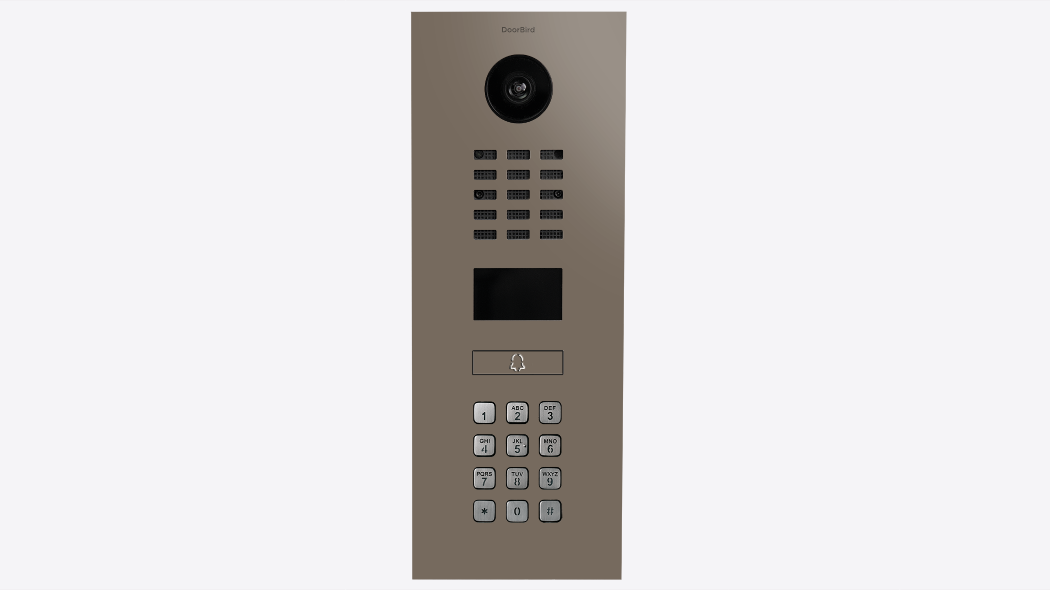 DoorBird video intercom close-up showing camera lens and keypad buttons on beige panel