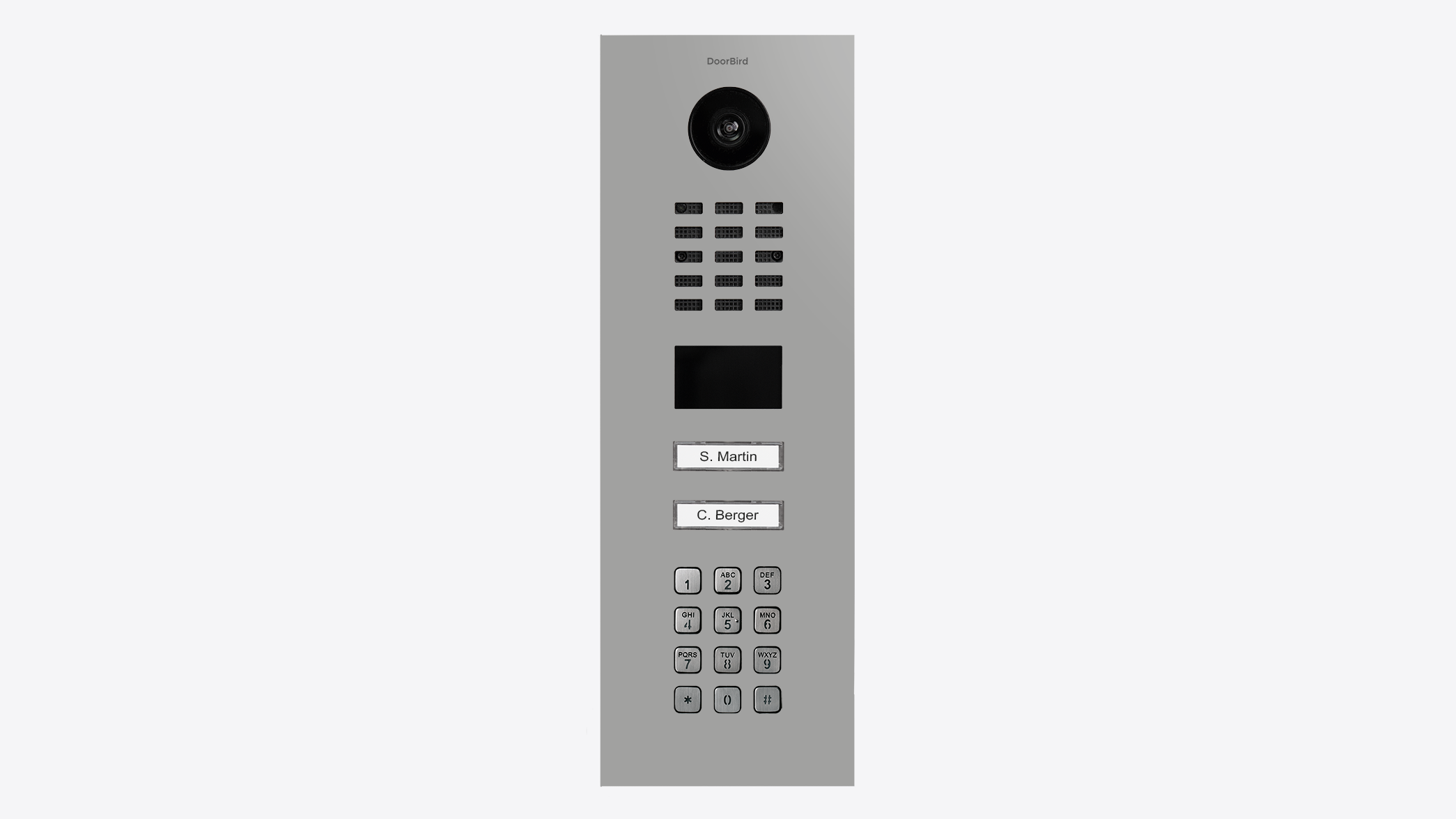 Video door station faceplate with camera and keypad, dual call buttons in white aluminum