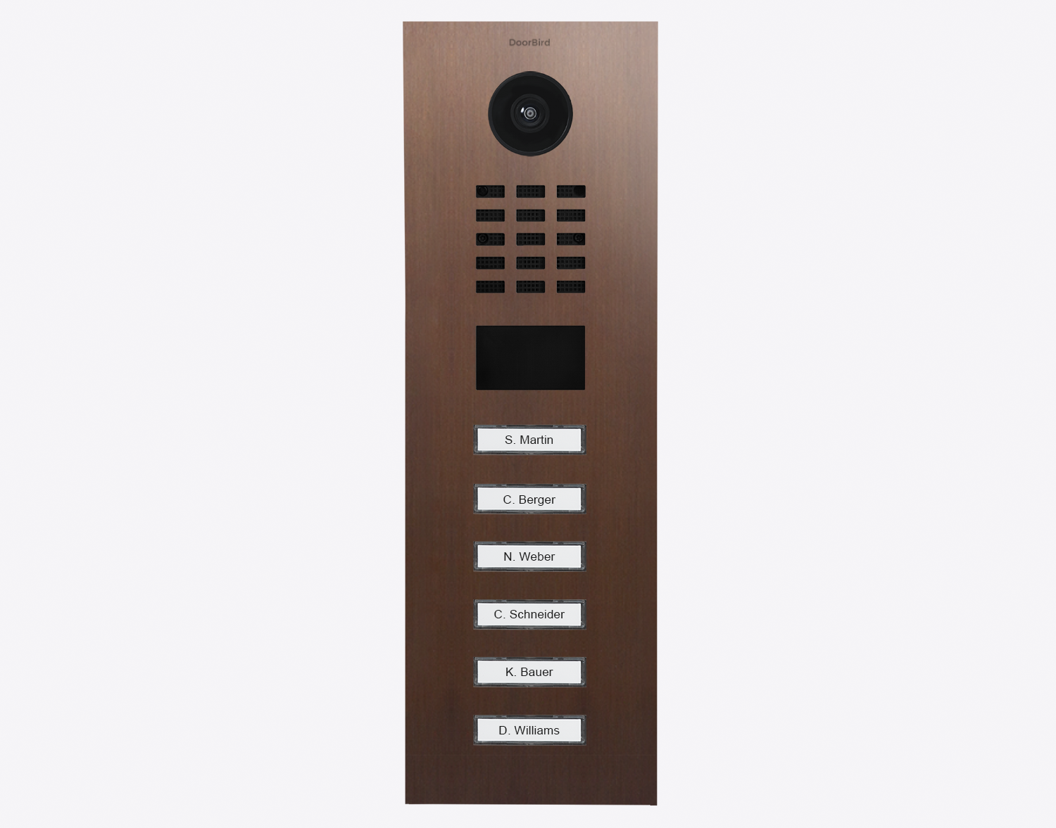 DoorBird bronze IP door station front with camera, button grid, and name labels