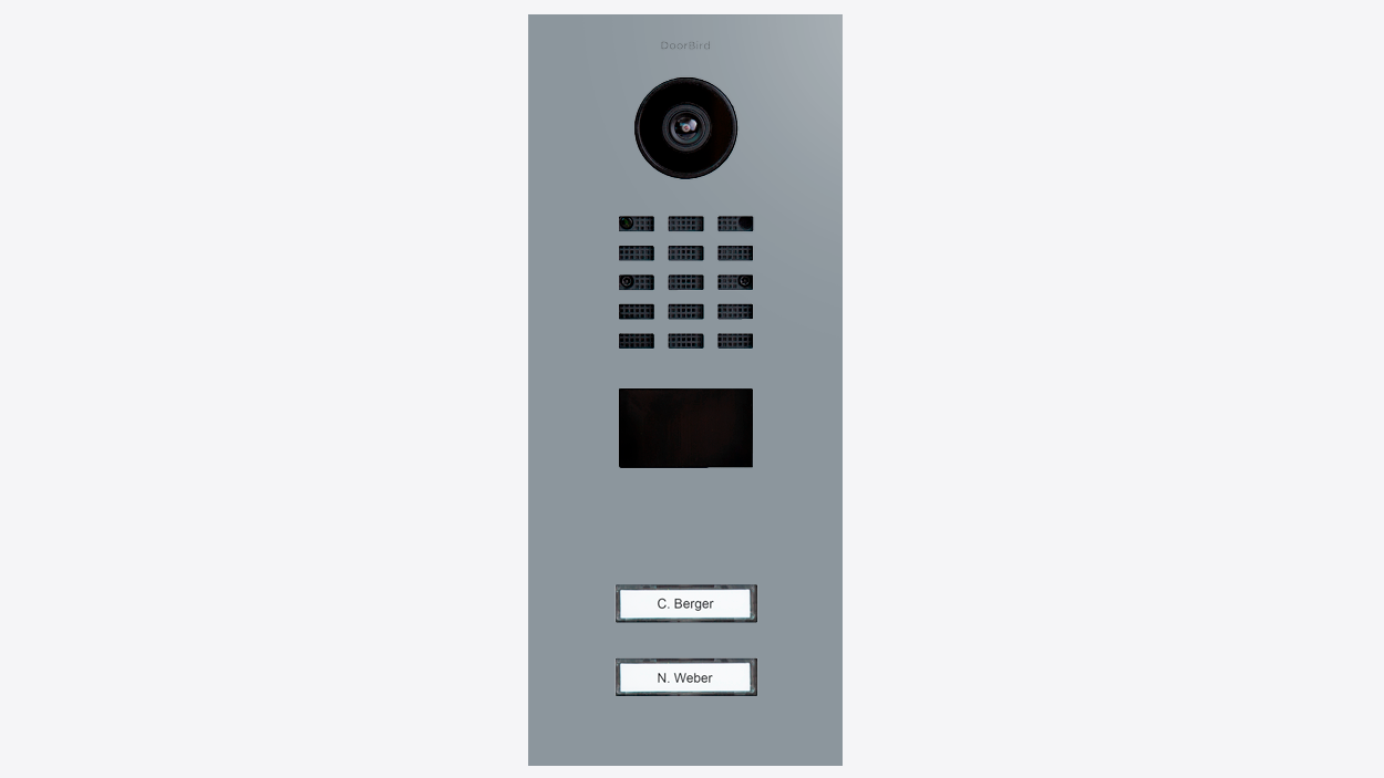 Silver grey video door station front panel with camera, speaker grille, and two call buttons