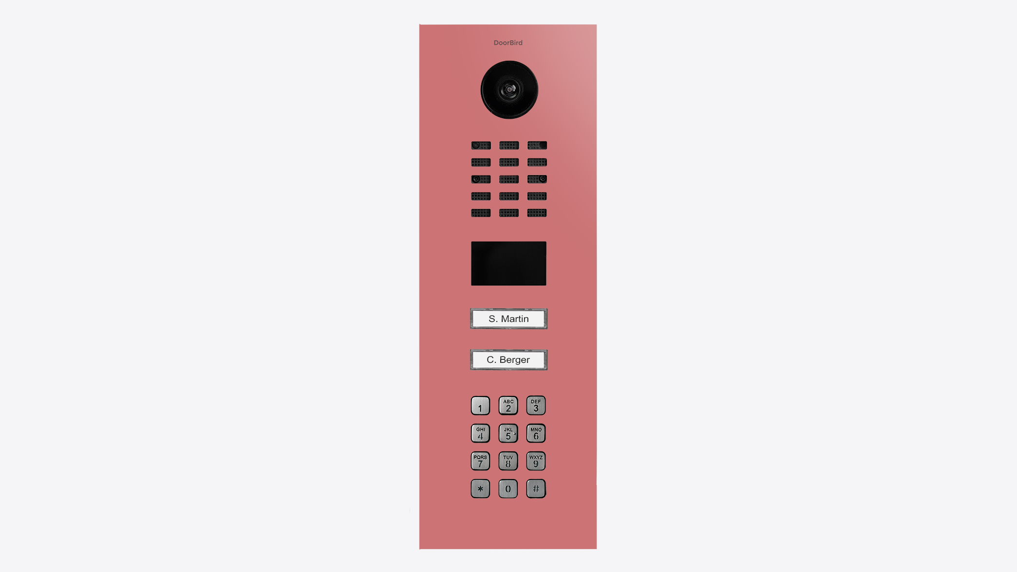 Antique pink video door station with camera lens, keypad, and call button