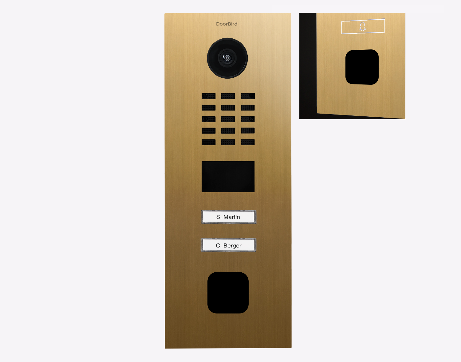 Gold DoorBird IP video door station with camera lens, two call buttons, and name label holders
