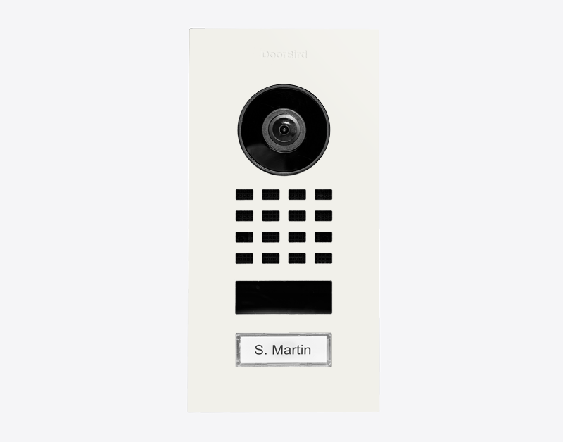 Traffic white flush-mount video intercom with camera lens, keypad, S. Martin call plate