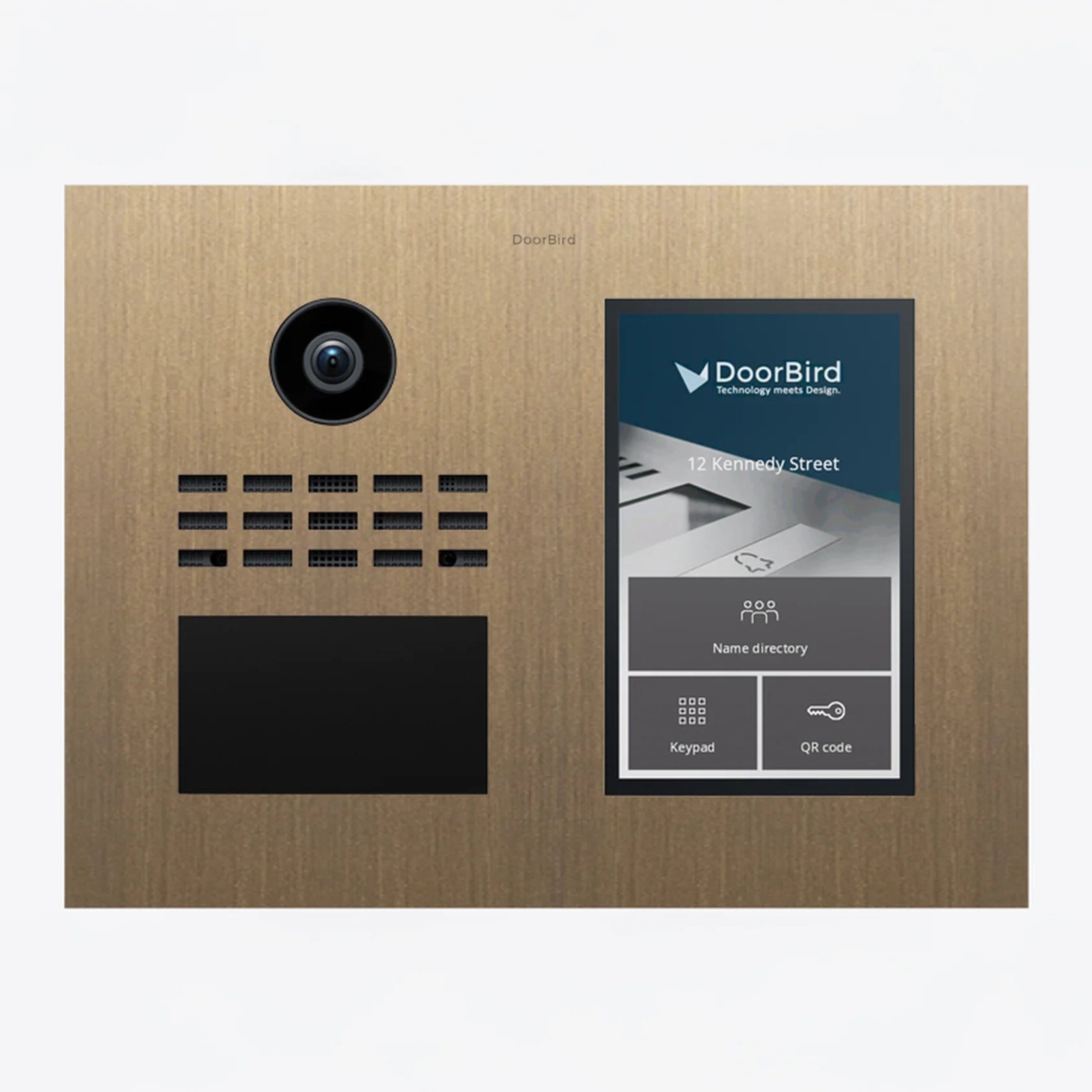 Burnished brass DoorBird video intercom panel with camera, speaker grille, and touchscreen