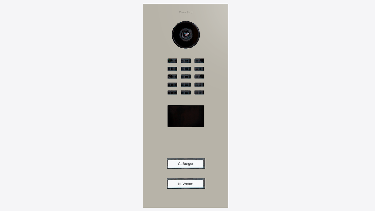 Gray door video entry station with camera, keypad grid, and display window