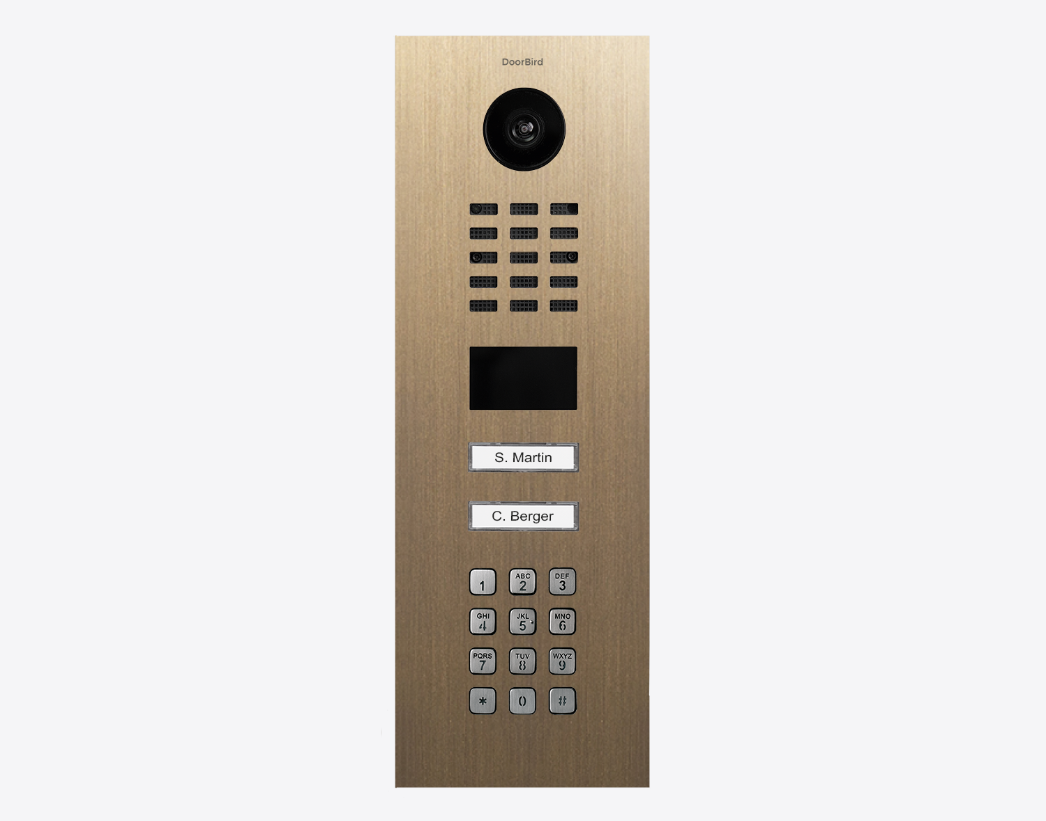 Burnished brass IP video door station with camera lens and numeric keypad