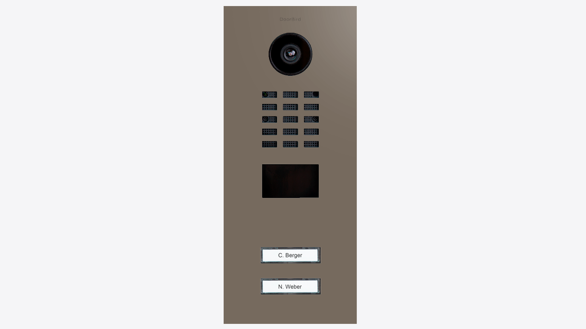 DoorBird D2102V beige grey video door station with camera, keypad, and label