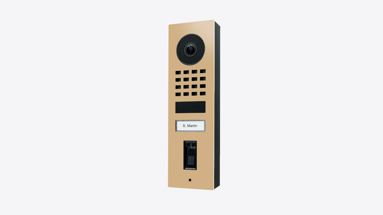 Beige surface-mount IP video door station with camera and keypad panel
