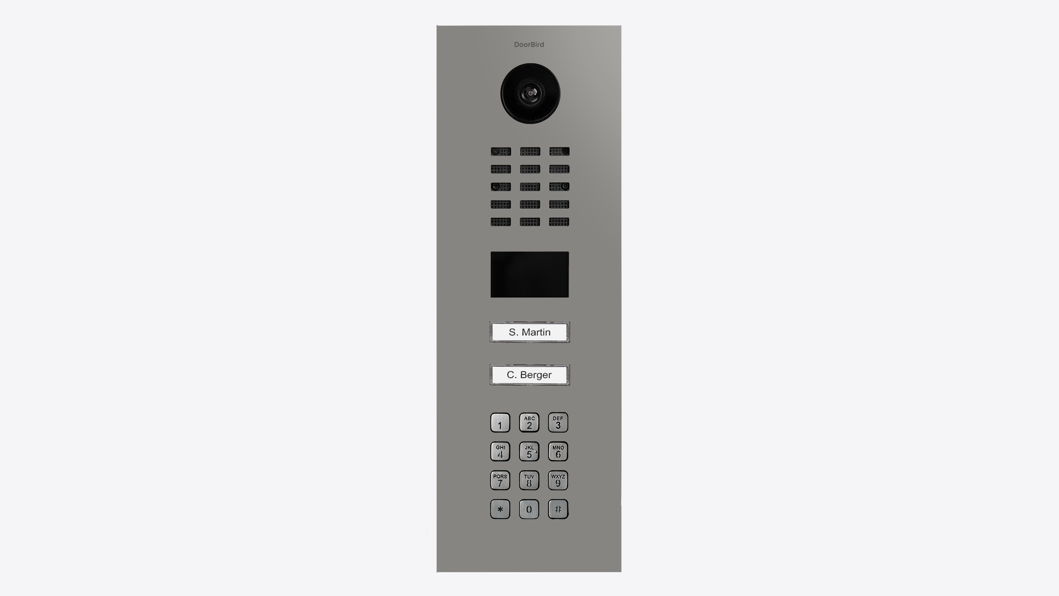 Grey video door station close-up with camera and keypad buttons