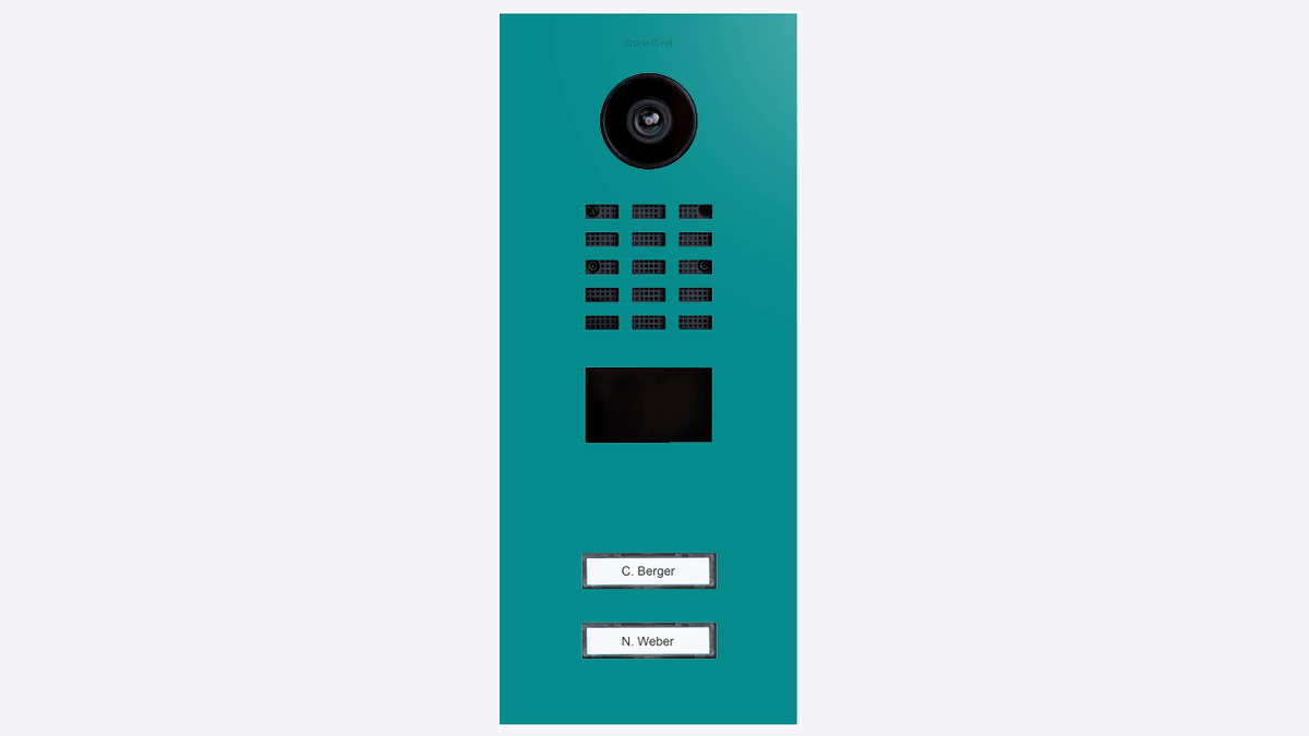 Turquoise blue DoorBird door station panel with camera, speaker grille, and call buttons