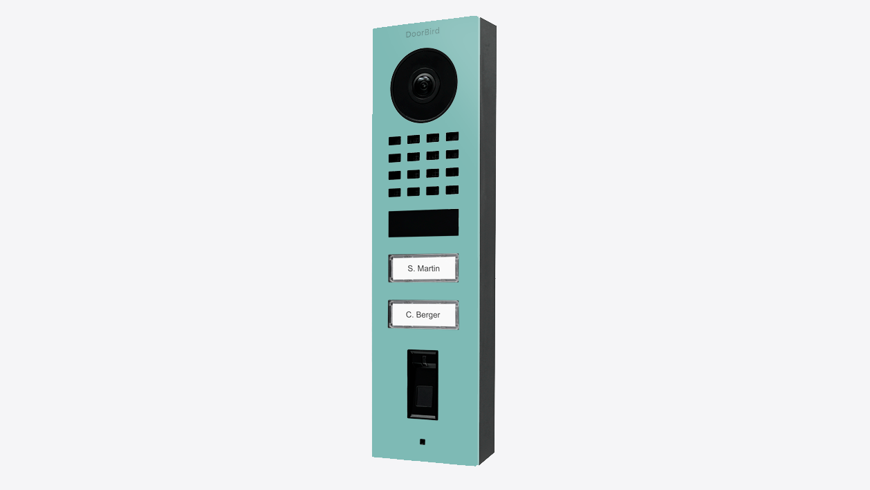 DoorBird light green video door station with camera, keypad and fingerprint panel