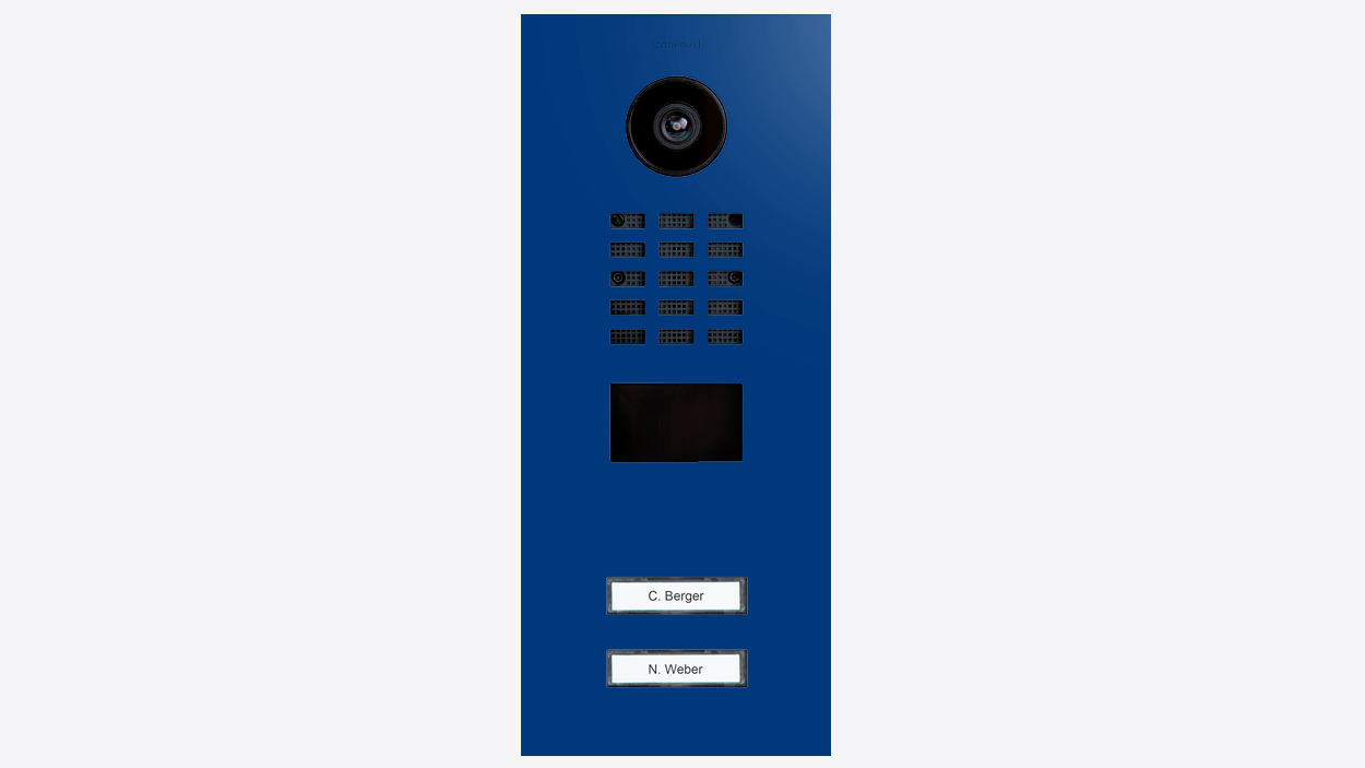 DoorBird ultramarine blue door station panel with camera, call buttons and speaker grille