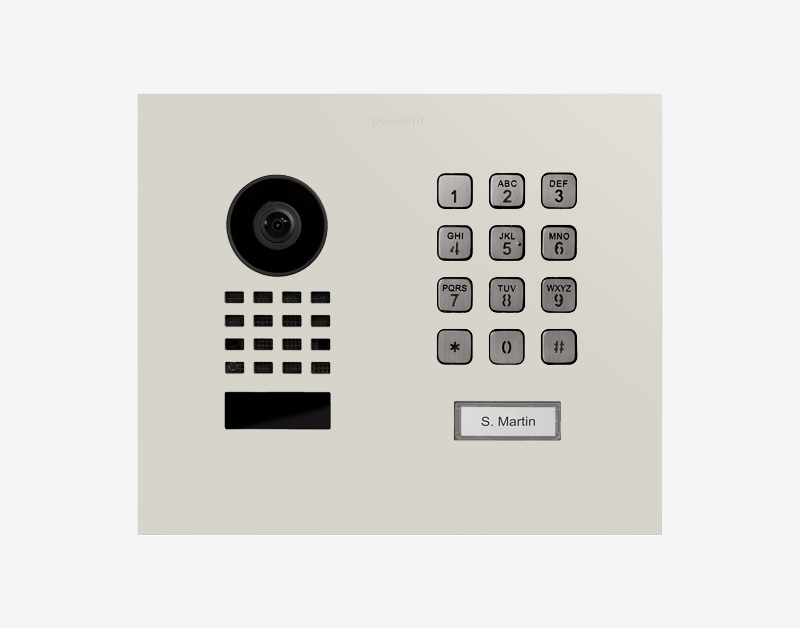 Flush-mount IP video door station with camera lens and keypad, grey/white