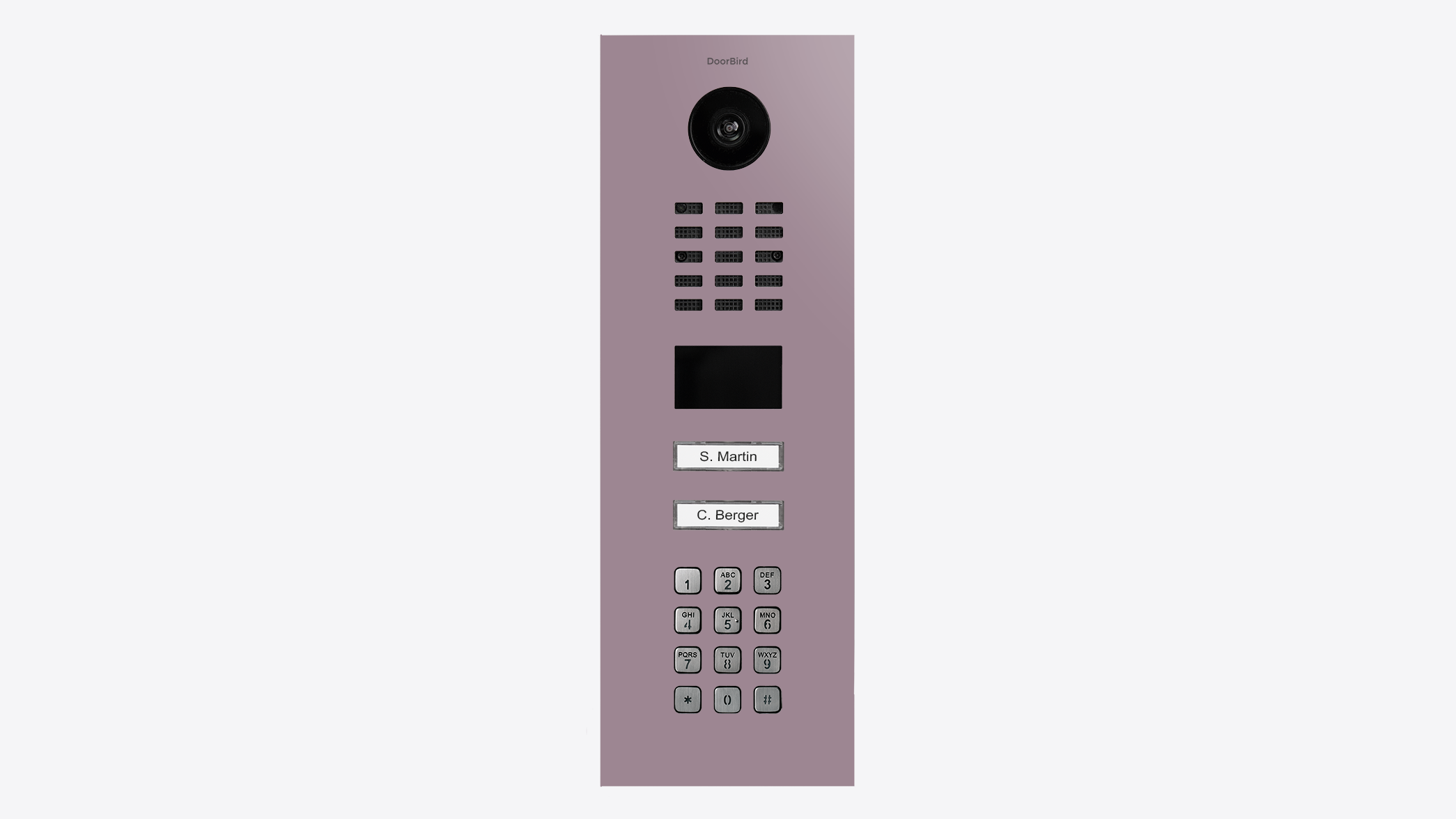 Pastel violet DoorBird video door station panel with camera and keypad buttons