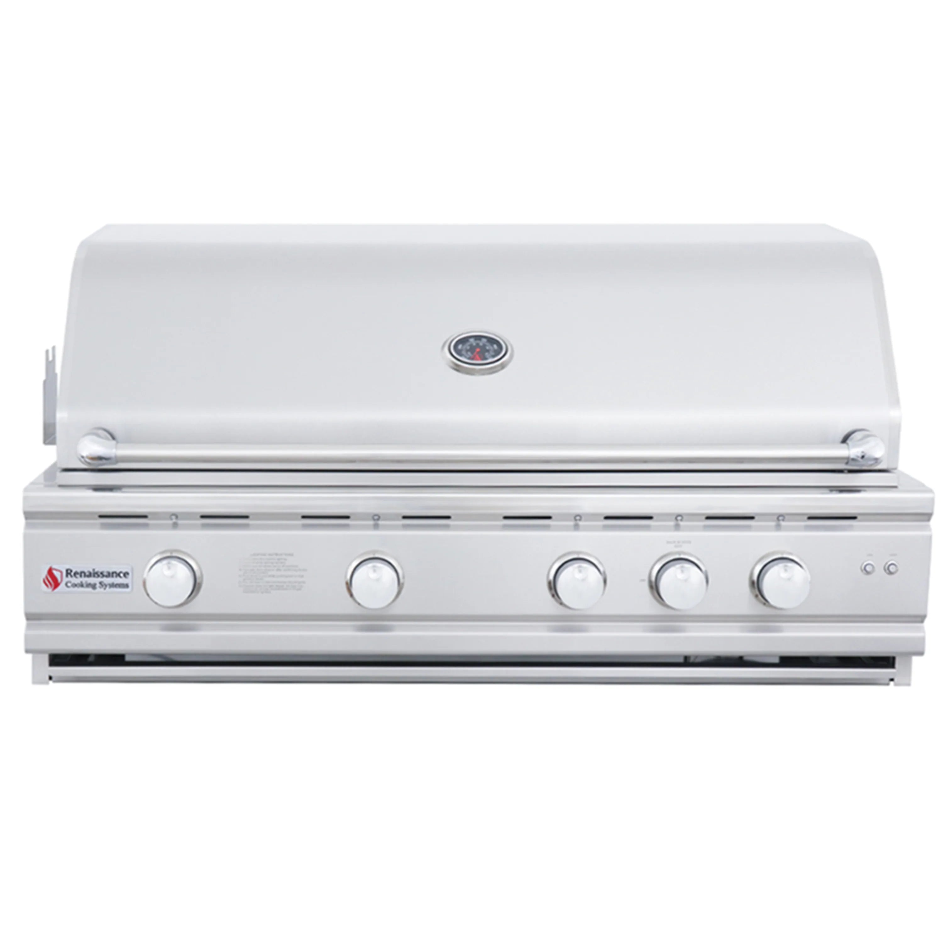 Renaissance gas grill with closed lid, control knobs on front panel