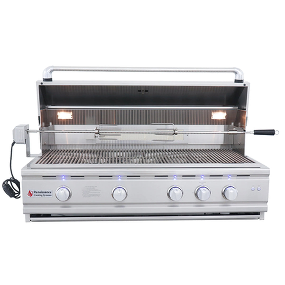 Stainless steel gas grill with lid open, illuminated burner elements, and cooking grates