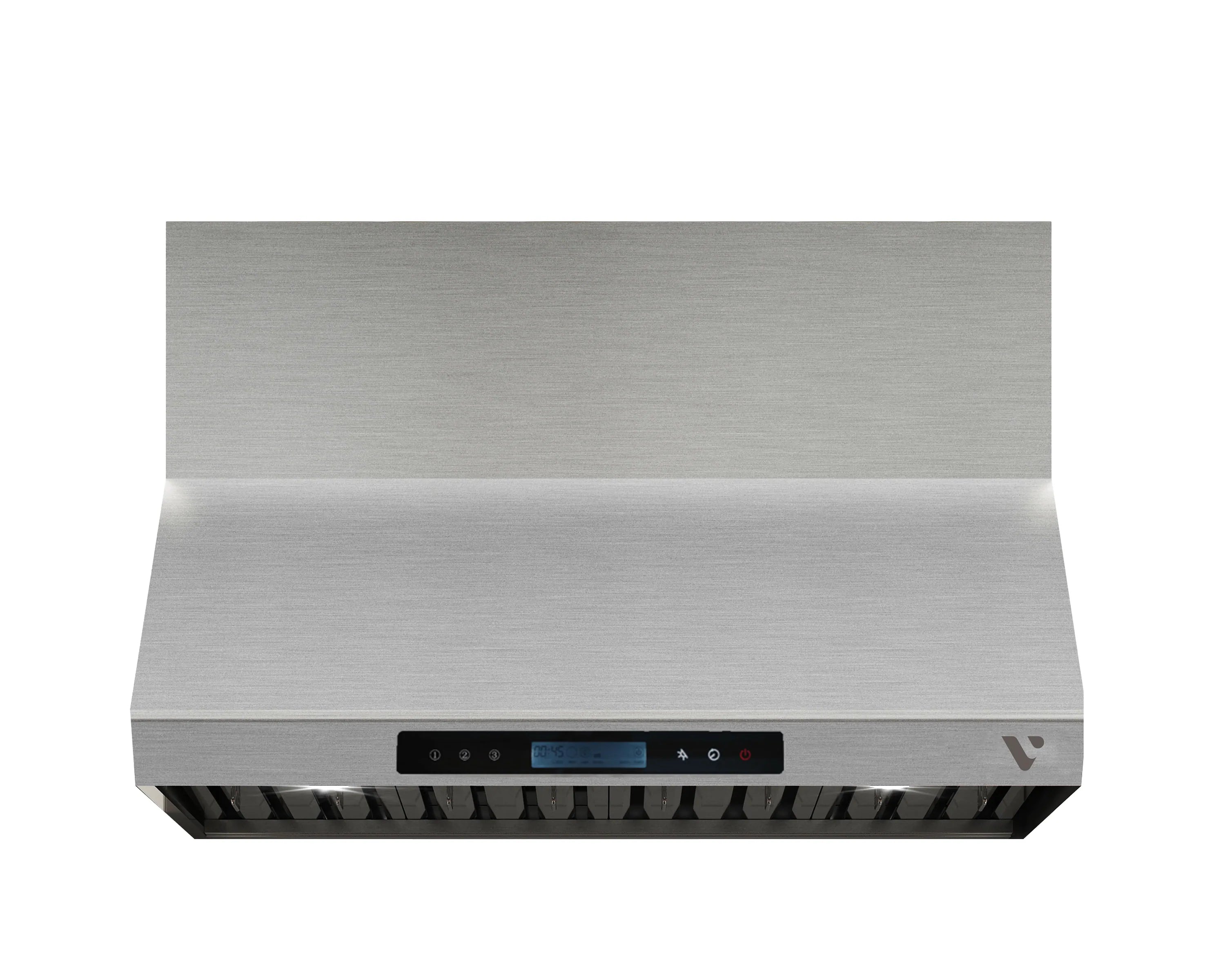 Vezeni 36-inch stainless steel range hood with front control panel and vent.