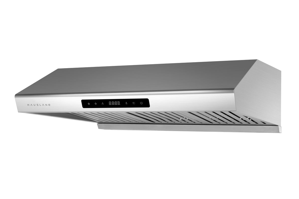 Stainless steel under-cabinet range hood side view with vented filter grille