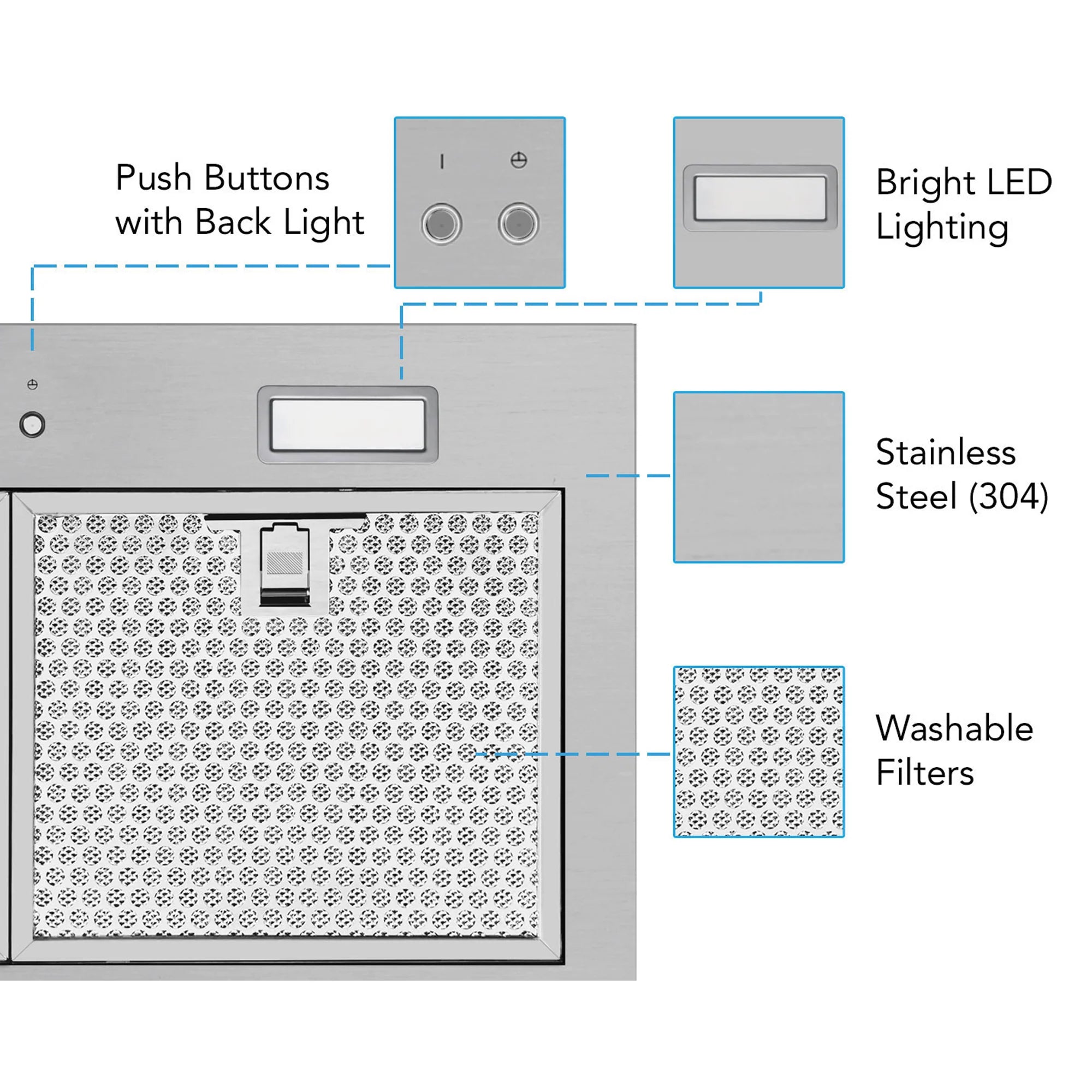 Stainless steel range hood insert showing mesh filters and built-in lighting area