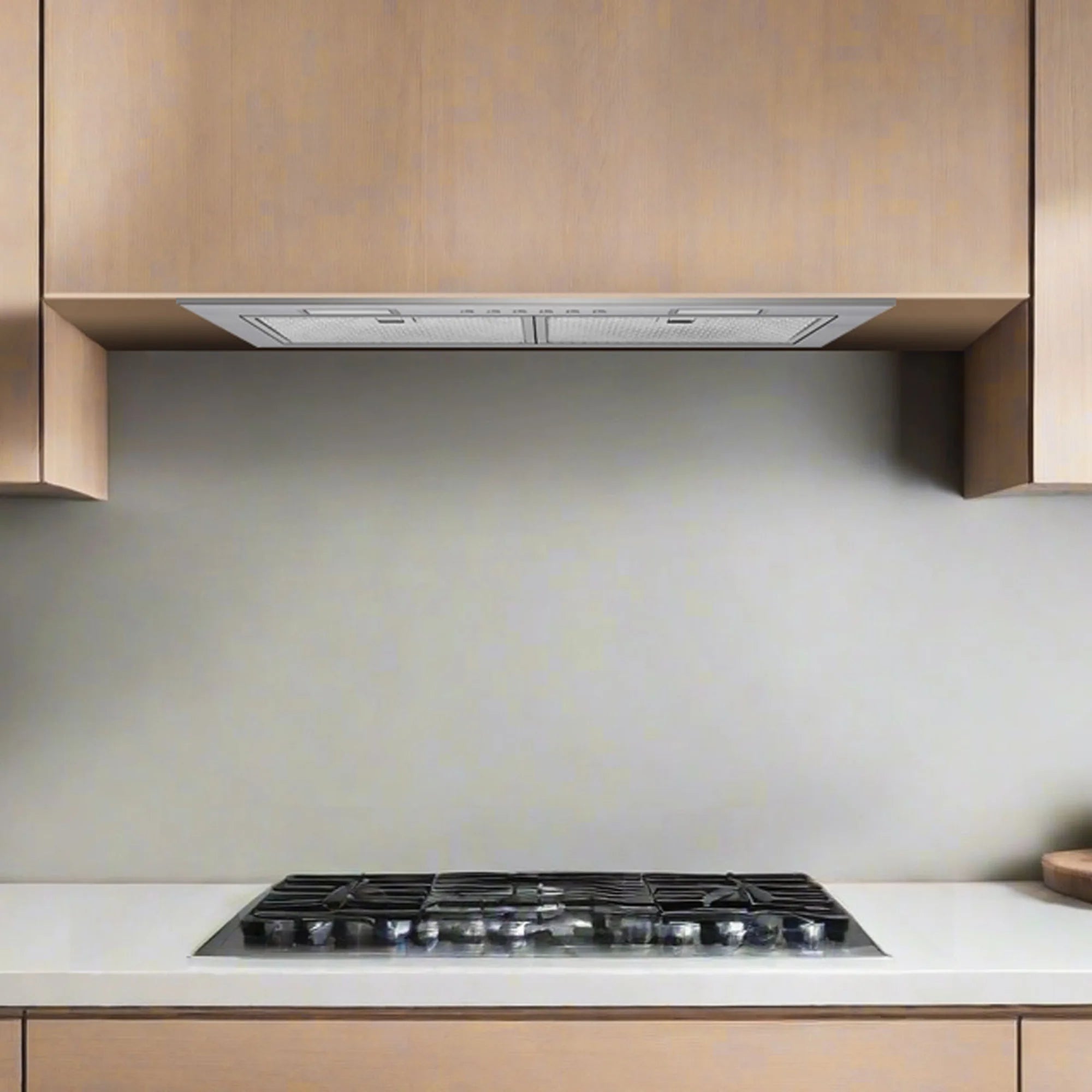 Stainless steel range hood insert installed under cabinet, with vented filter panels