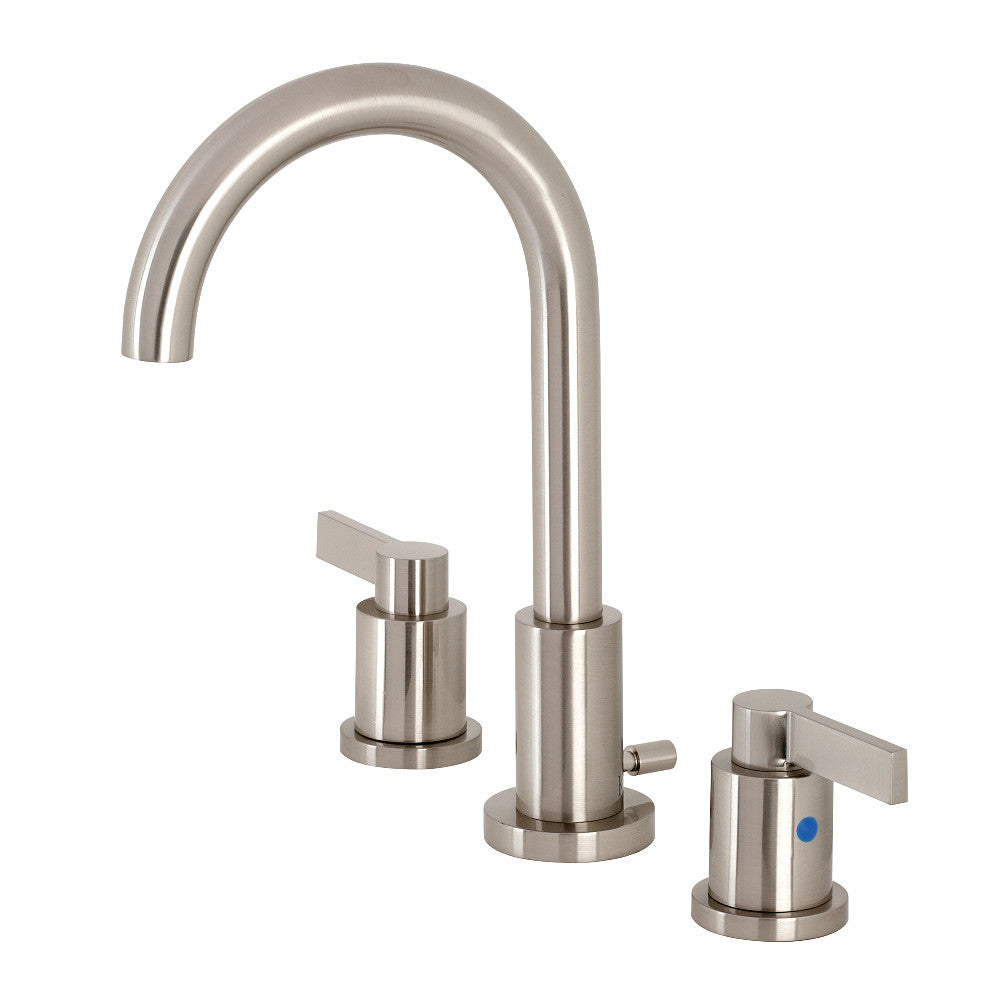 Brushed nickel widespread bathroom faucet with arched spout and two lever handles