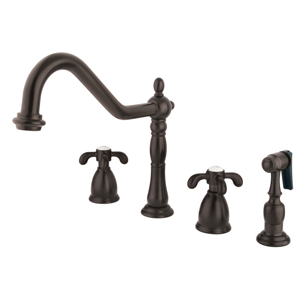 Oil-rubbed bronze widespread kitchen faucet with double cross handles and pull-out sprayer