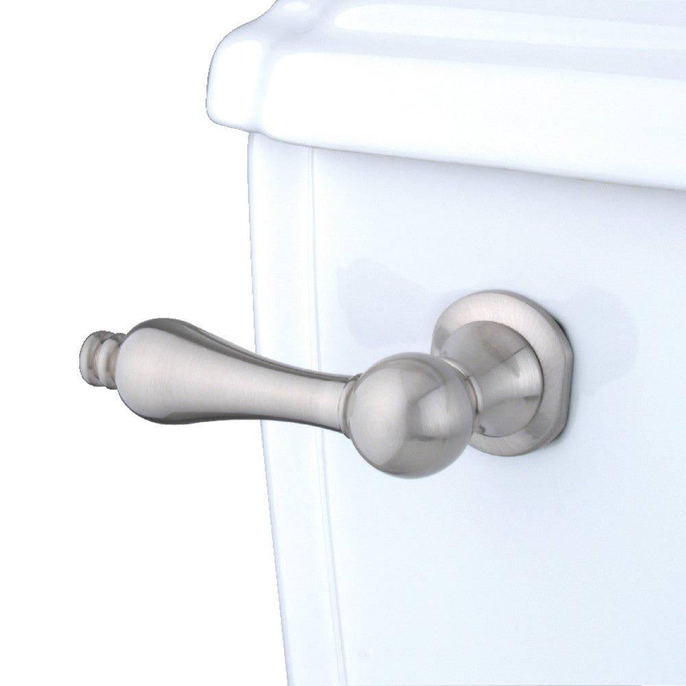 Toilet tank front mount lever in brushed nickel with Victorian round knob