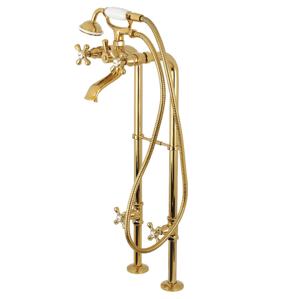 Freestanding tub faucet in polished brass with supply hoses and stop valves