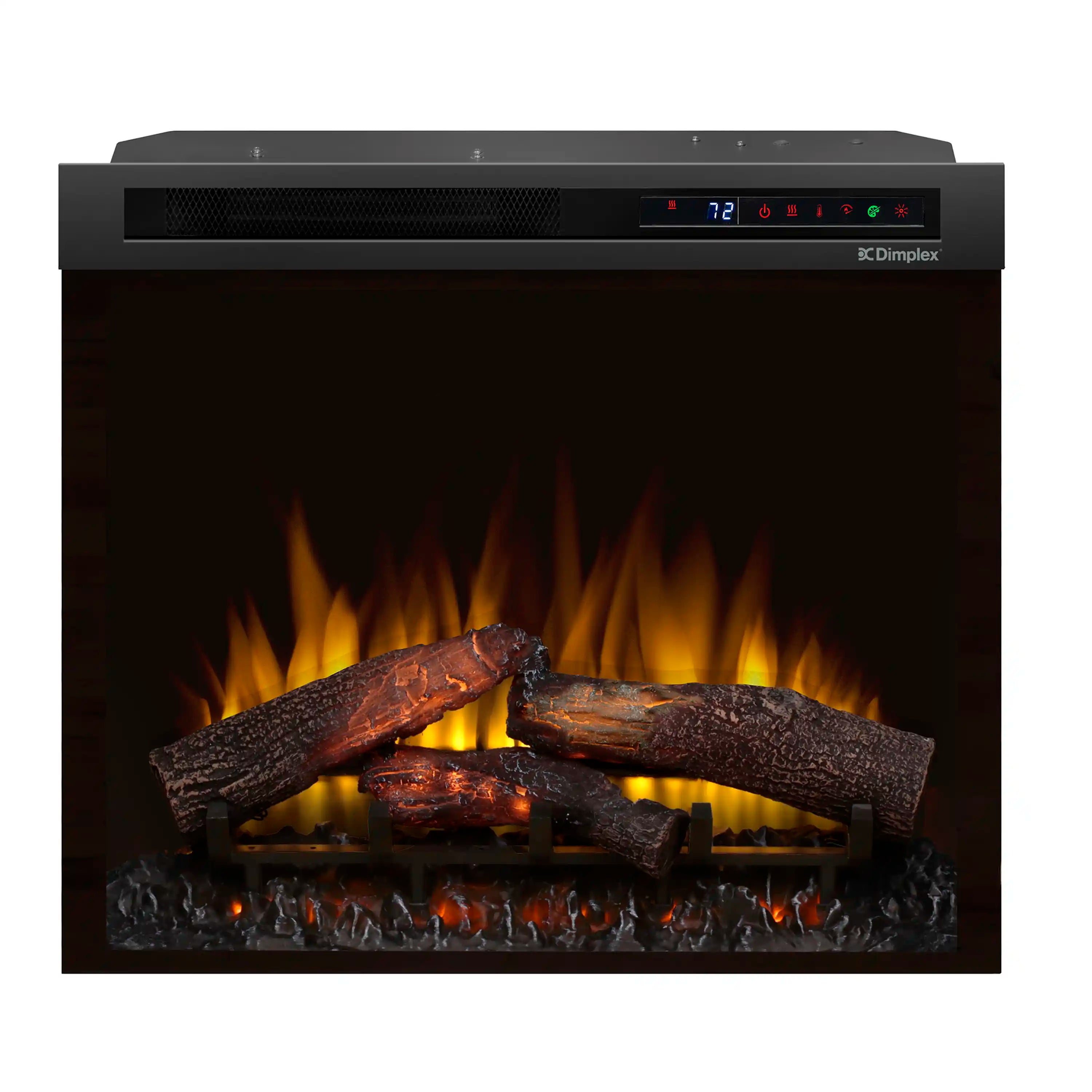 Dimplex electric firebox front view with logs and orange-yellow flame effect