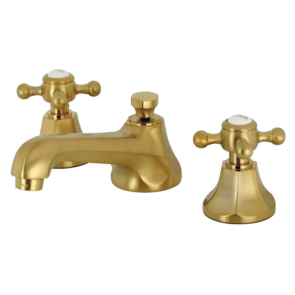 Brushed brass widespread bathroom faucet with cross handles and matching pop-up drain