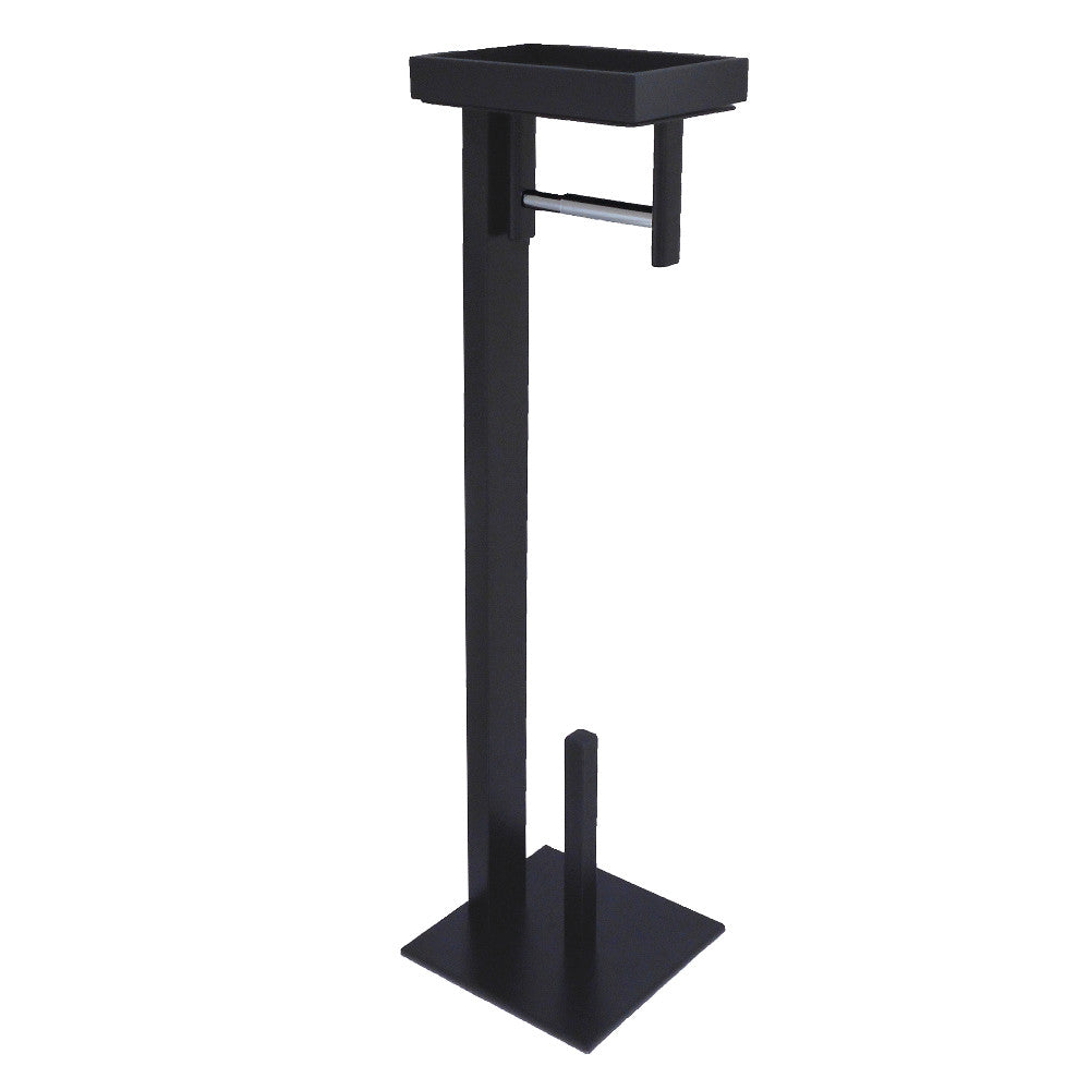 Matte black freestanding toilet paper holder with storage shelf and vertical stand