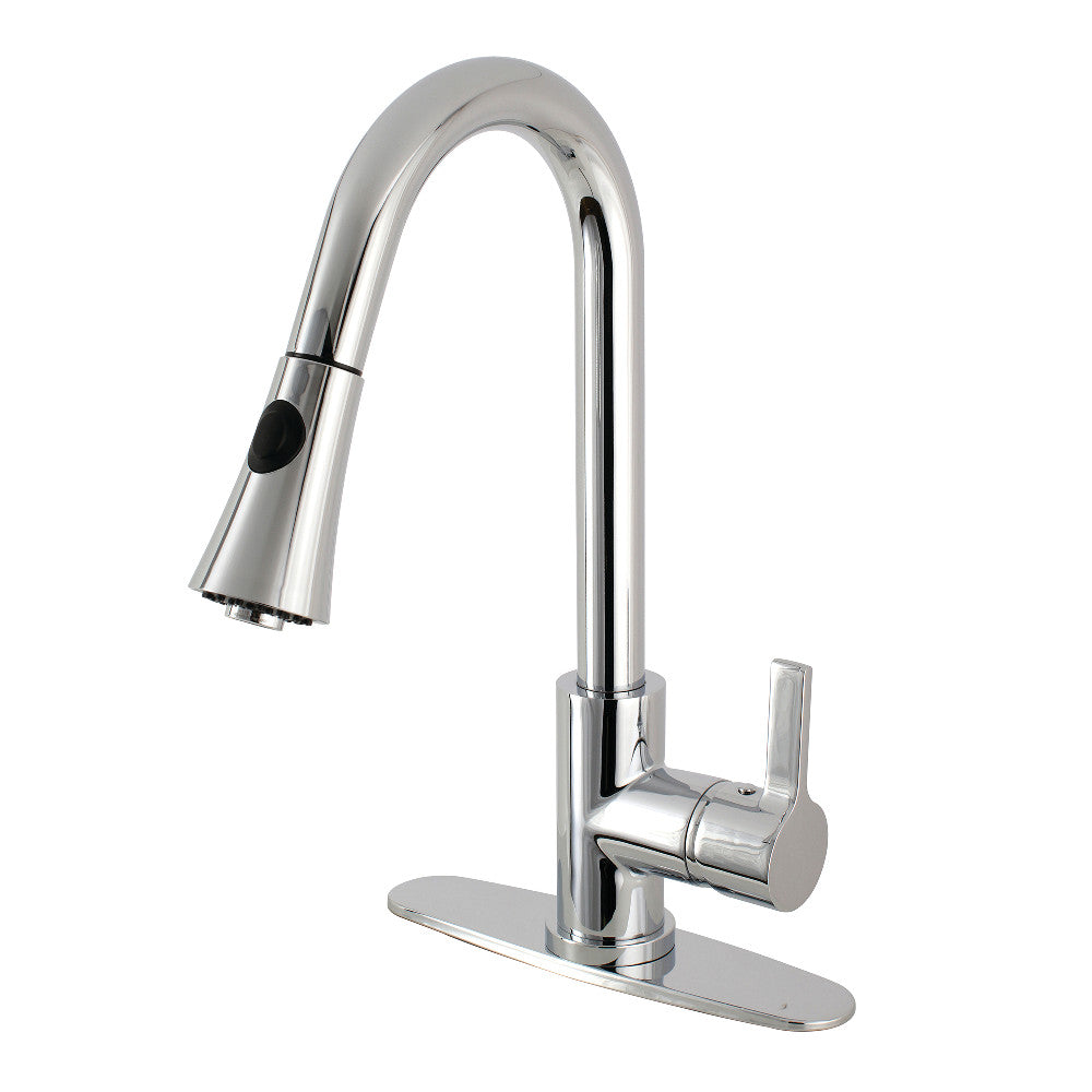 Polished chrome single-handle pull-down kitchen faucet with curved spout and deck plate