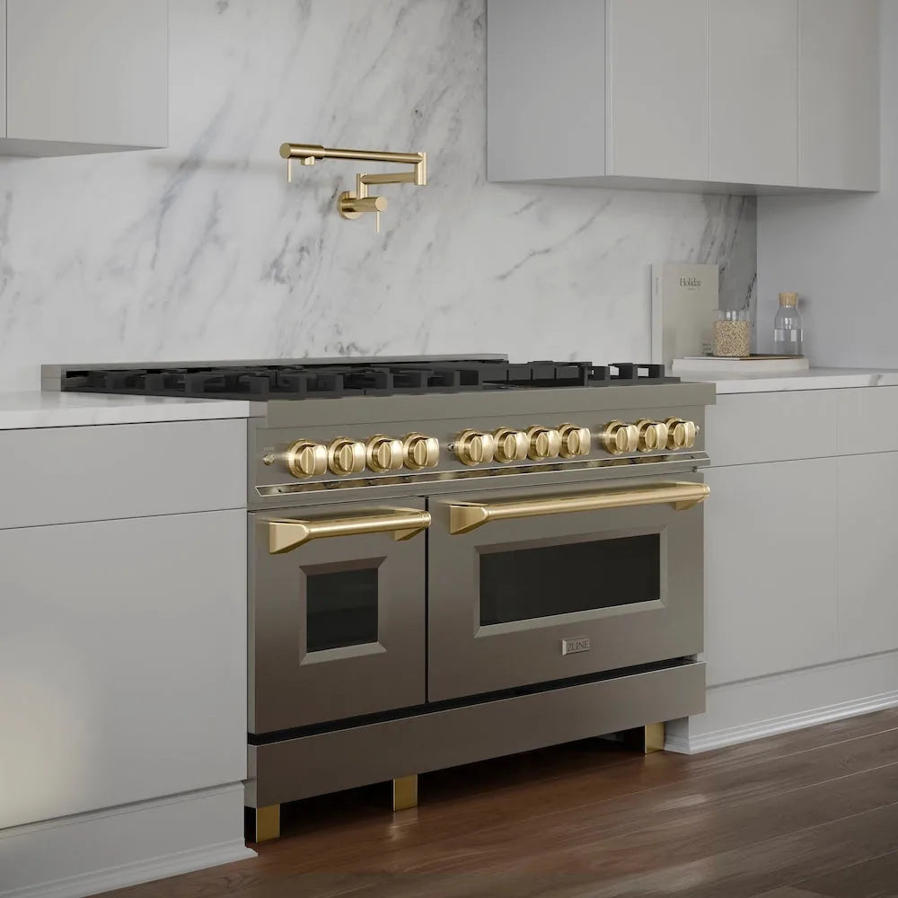 ZLINE Legacy Series Autograph Edition 48-inch Dual Fuel Range with Gas Stove and 6.0 Cu. Ft. Electric Oven in Stainless Steel with Gold Accents in a kitchen