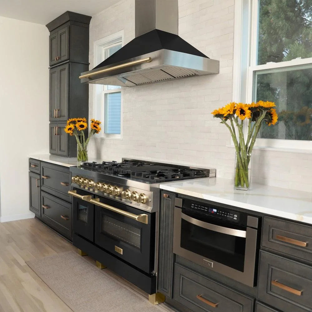 ZLINE Legacy Series Autograph Edition 48-inch Dual Fuel Range with Gas Stove and 6.0 Cu. Ft. Electric Oven in Stainless Steel with Black Matte Door and Champagne Bronze Accents in a kitchen