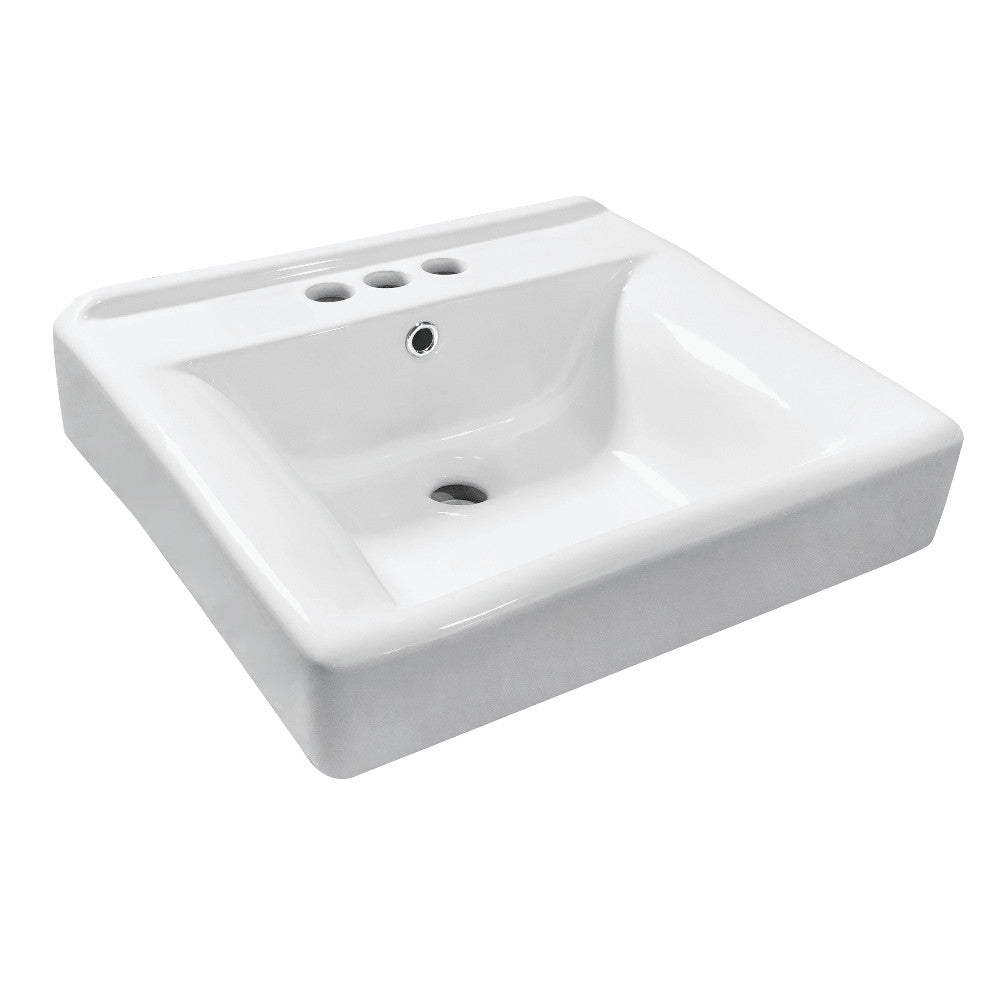 White ceramic console sink with single basin and 3 faucet holes