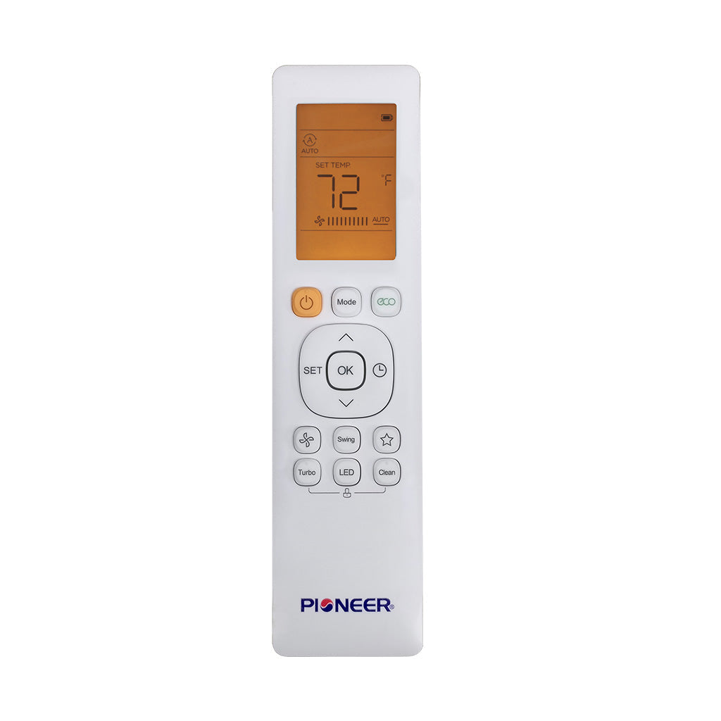 White remote control for ductless mini-split air conditioner with buttons and screen