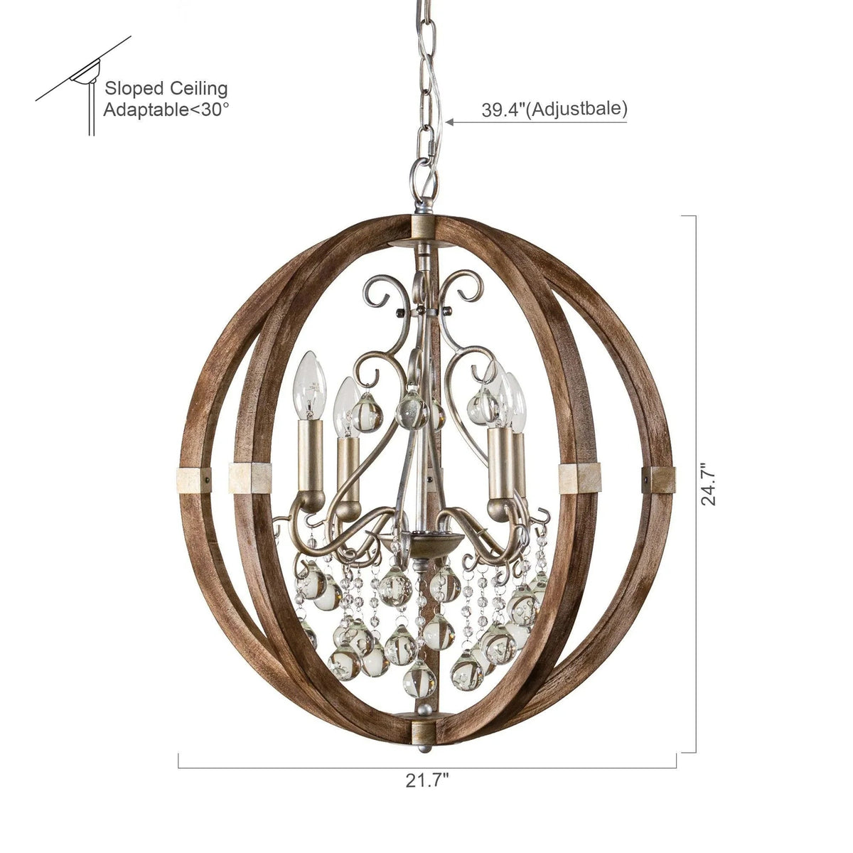 Brown circular ring 4-light caged pendant with clear glass shades and hanging crystals