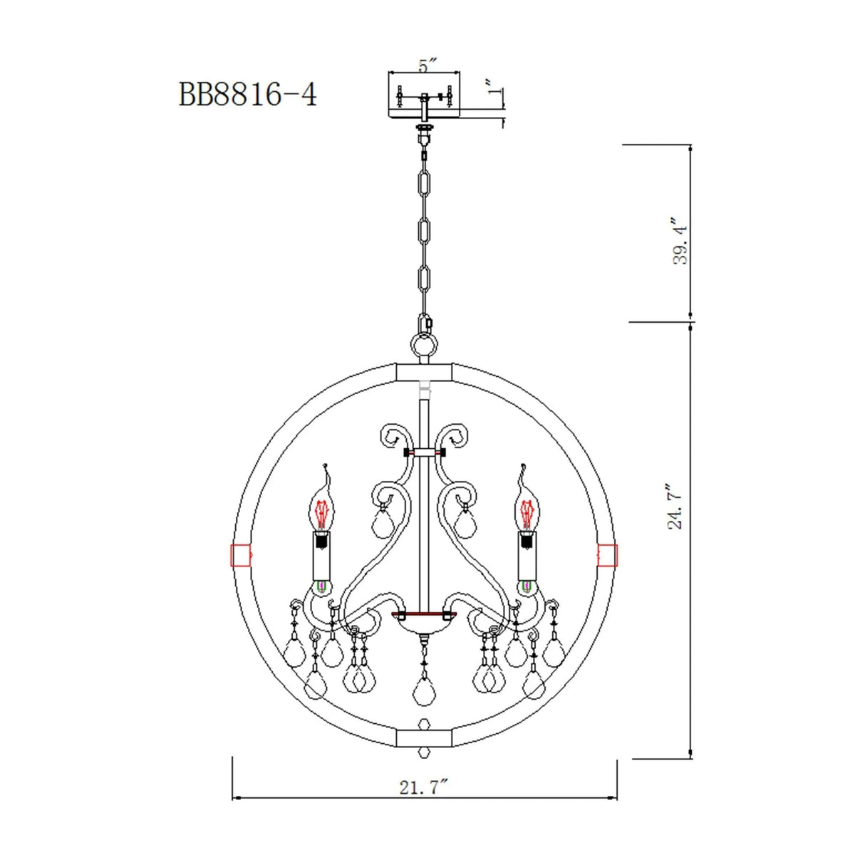 Brown 4-light caged pendant lamp with chain and circular frame, size diagram